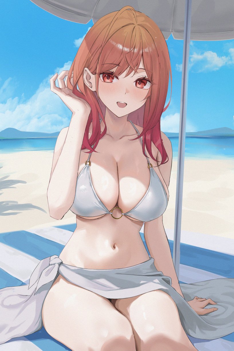 haro art, ichijou ririka, hololive, hololive dev is, commentary request, highres, 1girl, alternate costume, bare shoulders, beach, beach mat, beach umbrella, bikini, blush, breasts, cleavage, collarbone, gradient hair, large breasts, long hair, looking at viewer, multicolored hair, navel, o-ring, o-ring top, open mouth, orange eyes, orange hair, outdoors, sarong, sitting, solo, stomach, swimsuit, teeth, thighs, tucking hair, umbrella, upper teeth only, virtual youtuber, white bikini, white sarong