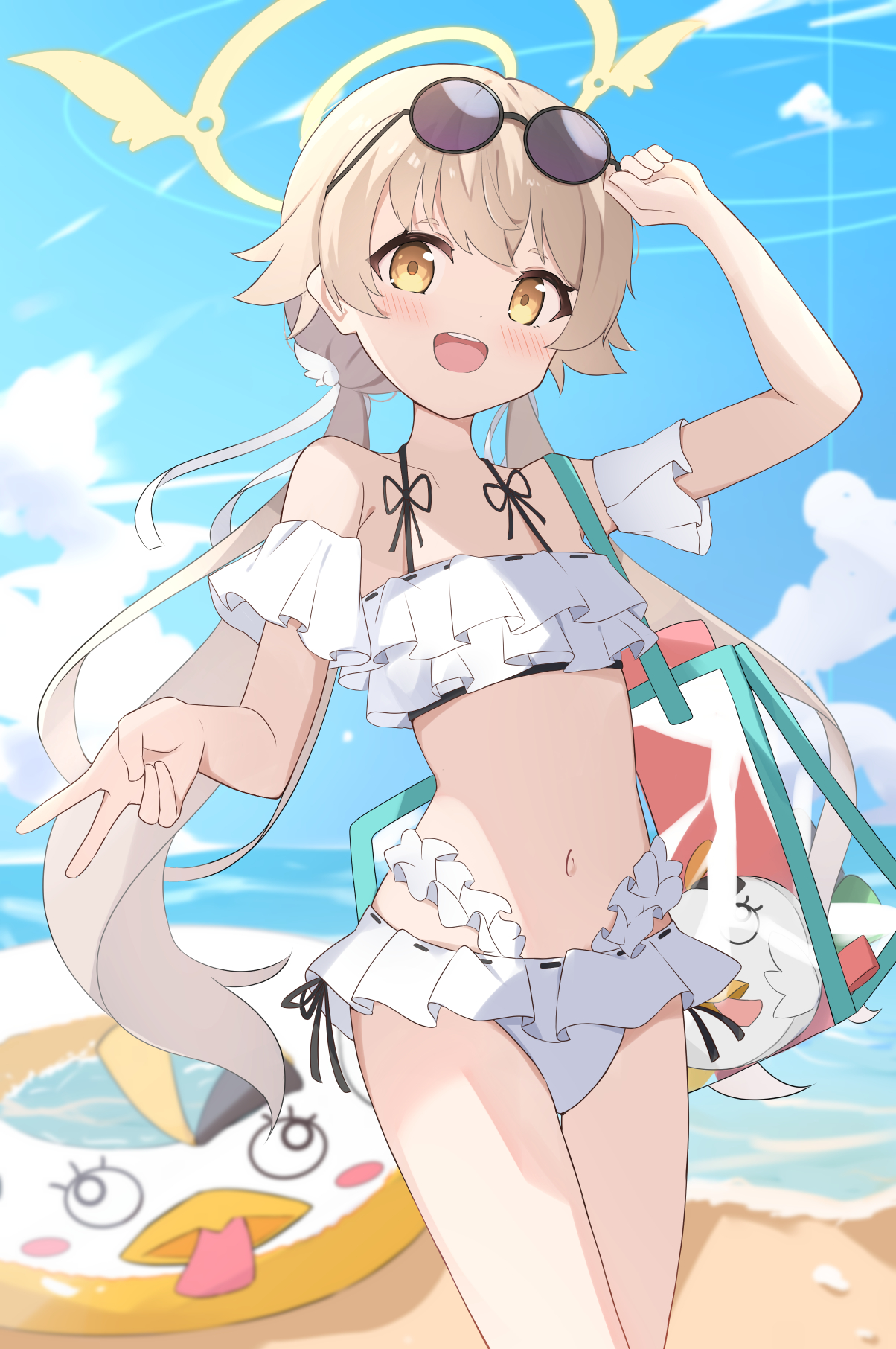 yoi0341, hifumi (blue archive), peroro (blue archive), blue archive, highres, 1girl, bag, beach, bikini, blonde hair, blue sky, blush, cloud, day, eyewear on head, frilled bikini, frills, halo, innertube, long hair, looking at viewer, low twintails, navel, ocean, official alternate costume, open mouth, outdoors, round eyewear, side-tie bikini bottom, sky, smile, solo, sunglasses, swim ring, swimsuit, teeth, twintails, upper teeth only, v, white bikini, yellow eyes
