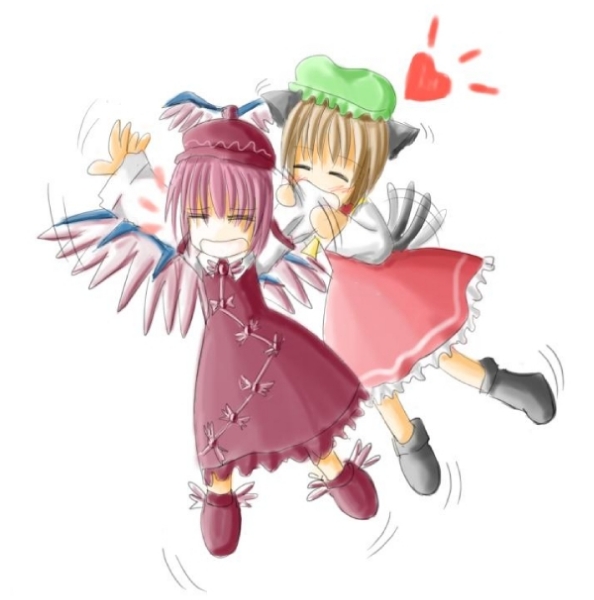 chen, mystia lorelei, touhou, artist request, 2girls, animal ears, brown hair, cat ears, cat girl, cat tail, closed eyes, dress, eating, female focus, flying, hat, heart, multiple girls, purple hair, short hair, tail, wings