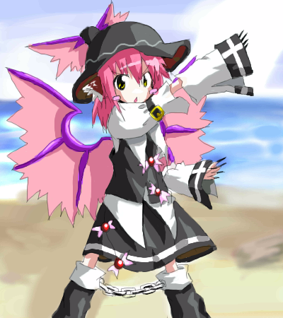 kuroneko no toorimichi, mystia lorelei, touhou, lowres, 1girl, alternate costume, animal ears, female focus, goth fashion, gothic lolita, gothtia, hat, lolita fashion, pink hair, solo, wings, yellow eyes
