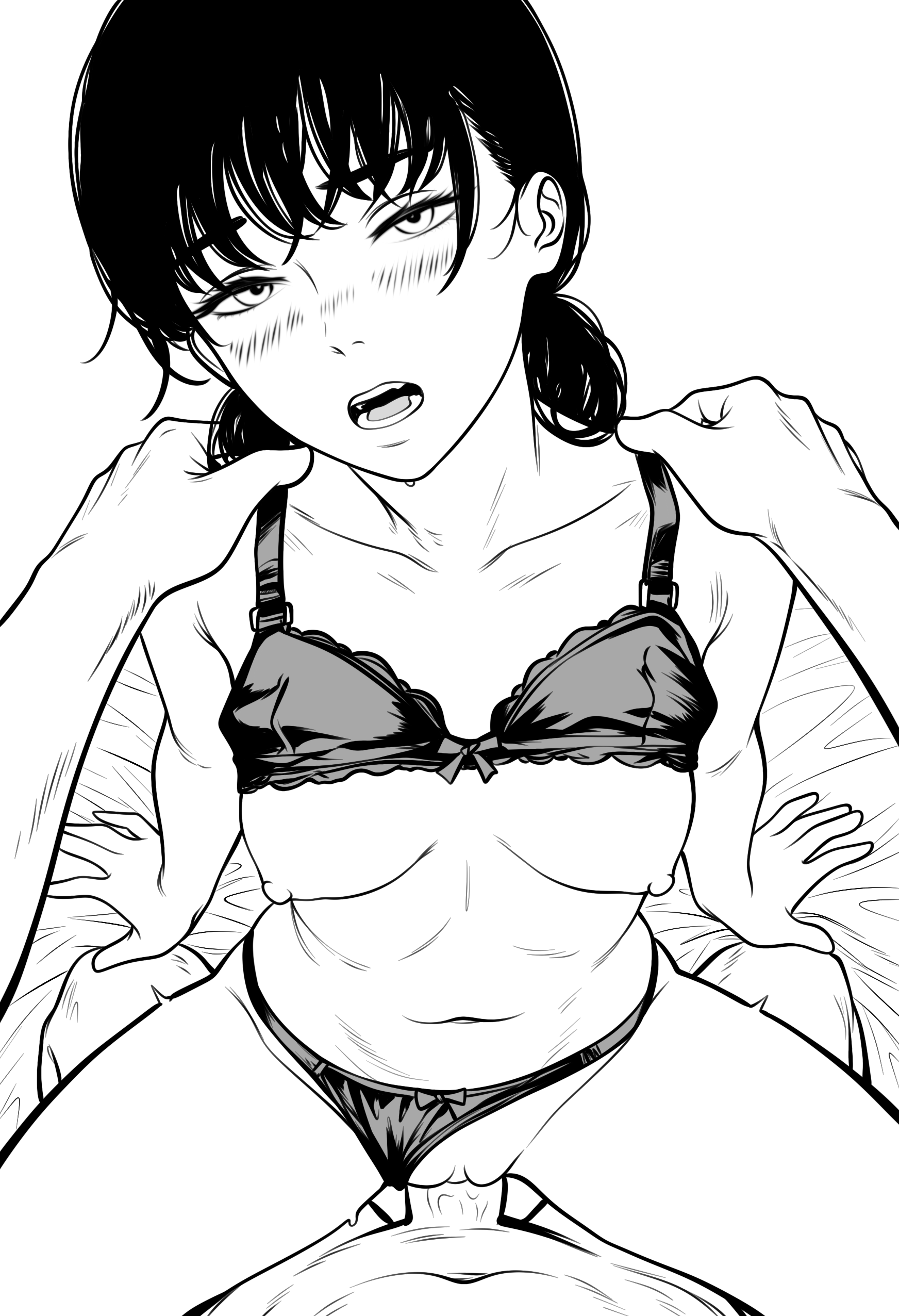 mordredpenx, mitaka asa, chainsaw man, 1girl, black hair, blush, breasts, breasts out, hetero, looking at viewer, low twintails, moaning, monochrome, nipples, pov, sex, twintails