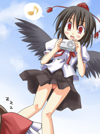 shameimaru aya, touhou, lowres, 2girls, female focus, gradient background, hat, multiple girls, outdoors, panties, pantyshot, skirt, sky, solo focus, speech bubble, underwear
