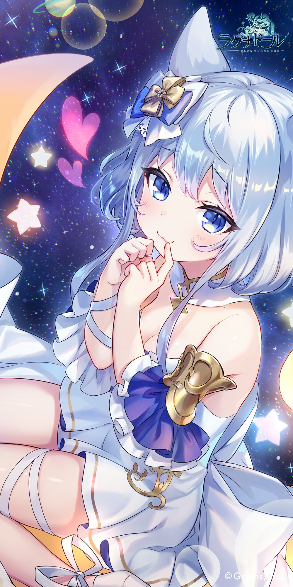 ragnador, gold armlet, commentary request, highres, official art, second-party source, 1girl, :3, animal ears, blue eyes, breasts, cat ears, cat girl, cleavage, closed mouth, company name, copyright logo, copyright name, crescent moon, detached sleeves, dress, grey hair, hair ribbon, heart, kinkaneko (ragnador), long sidelocks, looking at viewer, moon, raised inner eyebrows, ribbon, short hair with long locks, sidelocks, sitting, sitting on crescent moon, solo, space, star (symbol), strapless, strapless dress, white dress