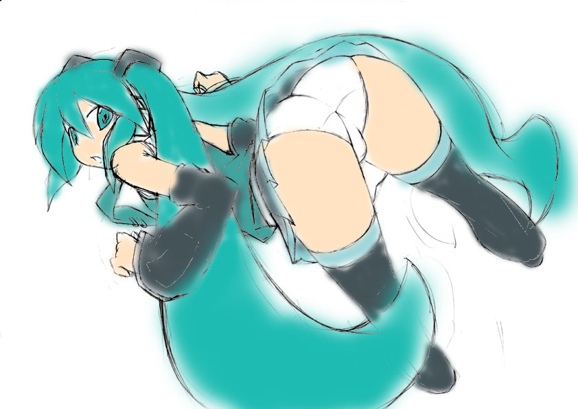 toudori, hatsune miku, vocaloid, unfinished, 1girl, ass, bent over, female focus, long hair, panties, pantyshot, simple background, sketch, skirt, solo, thighhighs, twintails, underwear, very long hair