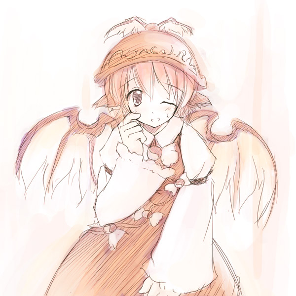 yukitarou (awamori), mystia lorelei, touhou, 1girl, animal ears, female focus, hat, monochrome, one eye closed, orange theme, short hair, sketch, smile, solo, sweatdrop, wings, wink