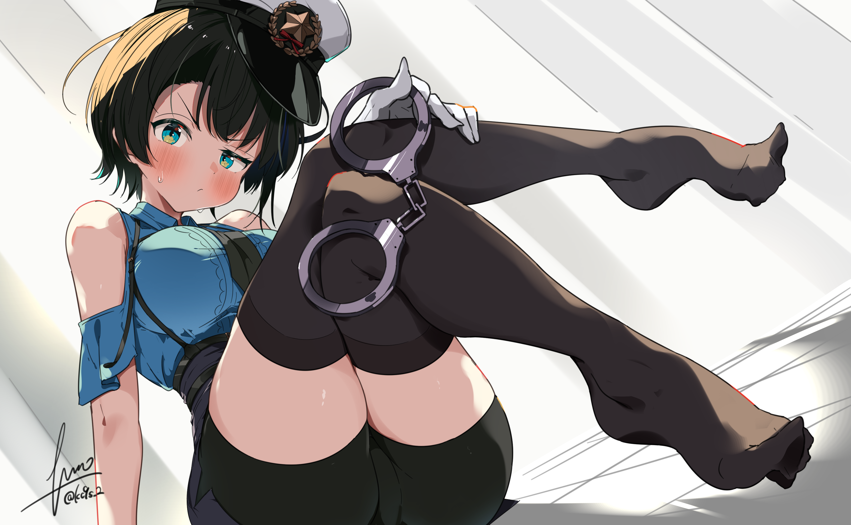 kuno (kc9s), oozora subaru, oozora subaru (police), hololive, absurdres, commentary request, highres, 1girl, aqua eyes, black hair, black necktie, black shorts, black skirt, black thighhighs, blue skirt, blush, breasts, closed mouth, clothing cutout, crossed legs, cuffs, feet, gloves, handcuffs, hat, large breasts, looking at viewer, necktie, no shoes, pencil skirt, police hat, shirt tucked in, short hair, short shorts, short sleeves, shorts, shorts under skirt, shoulder cutout, skirt, solo, sweatdrop, thighhighs, virtual youtuber, white gloves