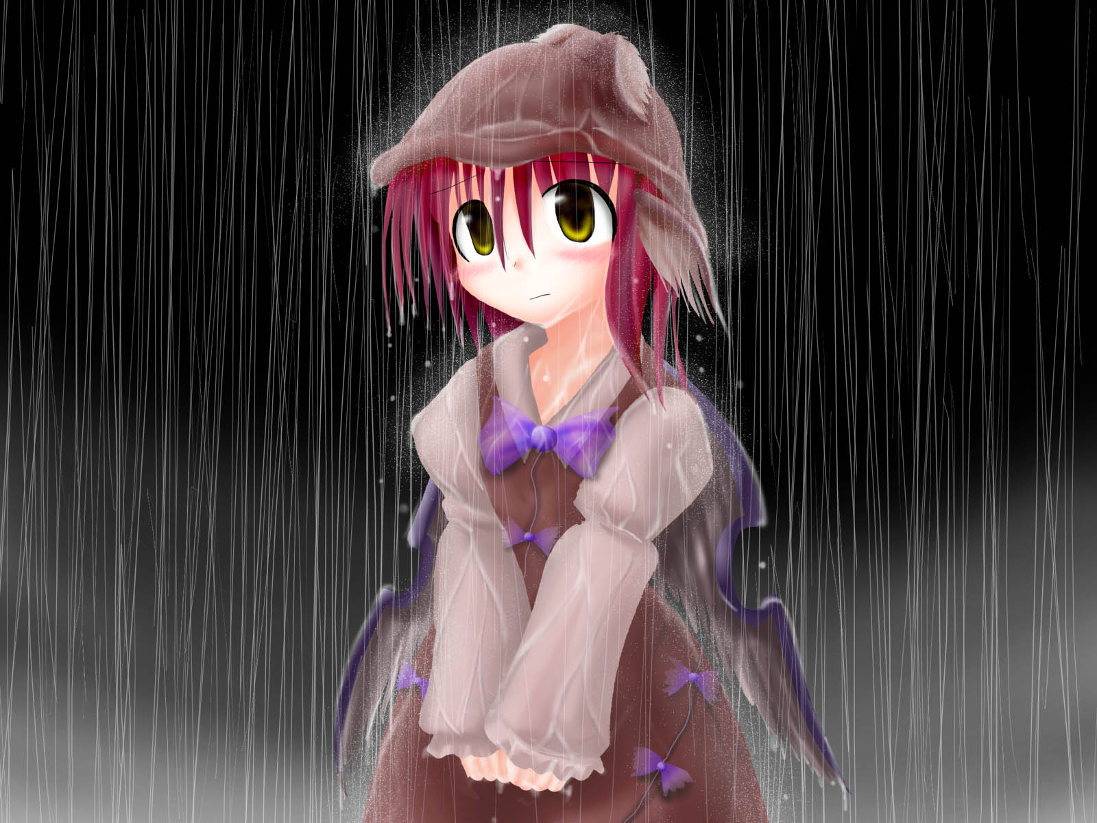 des (namaasi), mystia lorelei, touhou, highres, 1girl, animal ears, blush, brown hat, dress, female focus, hat, pink hair, rain, short hair, solo, wet, wet clothes, wings, yellow eyes
