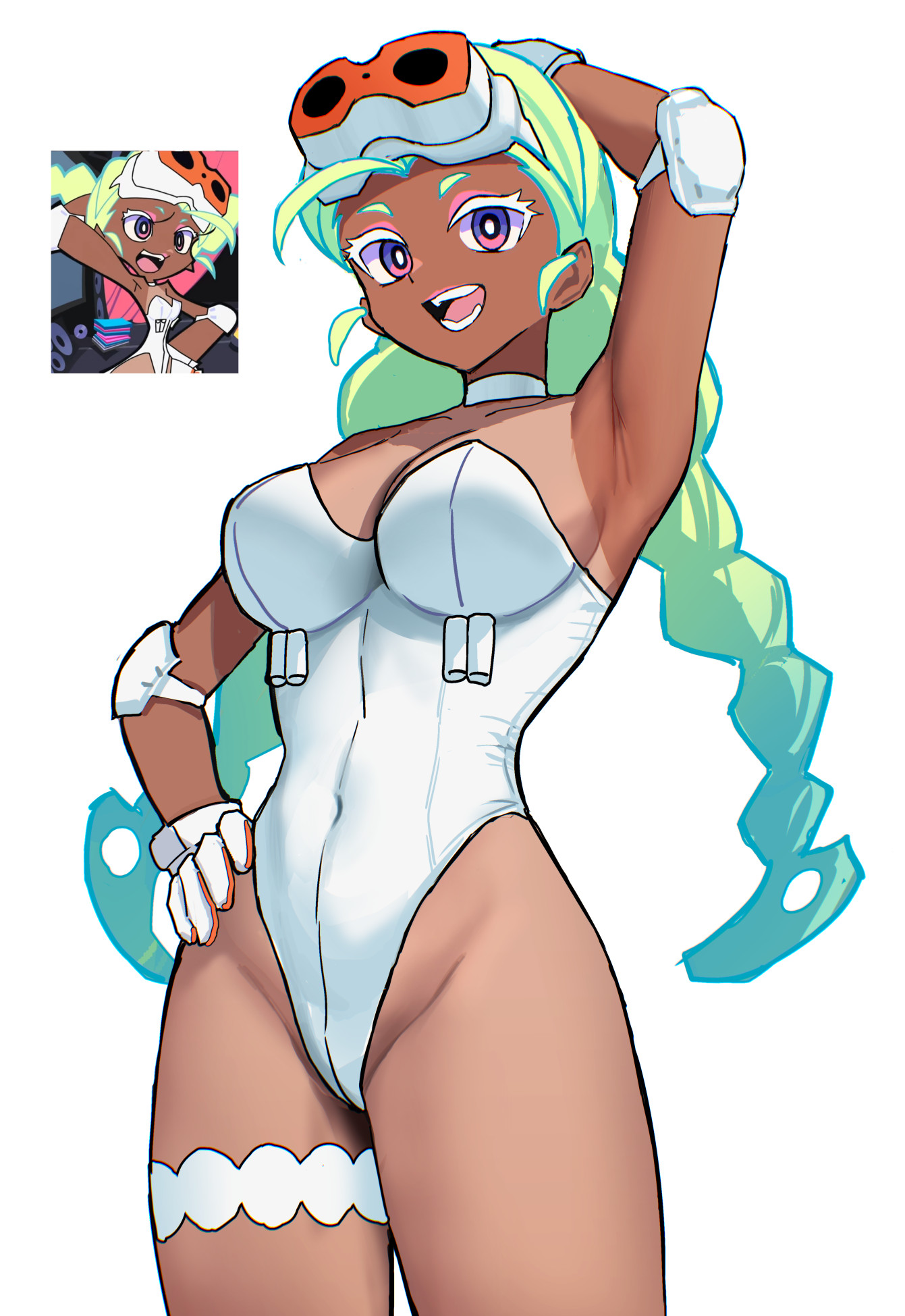 skrillex li, gunsmith bitch (psg), panty & stocking with garterbelt, commentary, highres, 1girl, arm up, armpits, braid, breasts, cleavage, gloves, goggles, goggles on head, green hair, hand on own hip, highleg, highleg leotard, leotard, long hair, looking at viewer, medium breasts, one-piece tan, photo inset, purple eyes, simple background, solo, stomach, tan, tanline, thigh strap, thighs, twin braids, white background, white gloves, white leotard