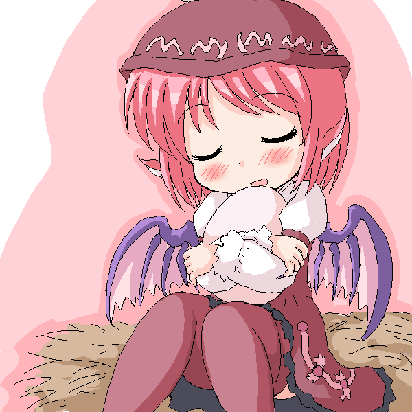 geetsu, mystia lorelei, touhou, 1girl, animal ears, blush, brown thighhighs, closed eyes, dress, egg, female focus, hat, hugging object, oekaki, pink hair, short hair, sitting, solo, thighhighs, wings