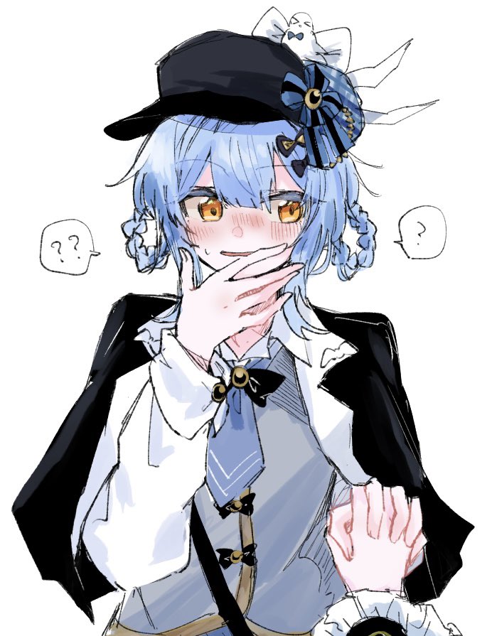 tachibana sherry, toono hanna, mahou shoujo no majo saiban, 2girls, ?, ??, averting eyes, bird hat ornament, black bow, black capelet, black hat, blue hair, blue necktie, blush, bow, braid, braided hair rings, capelet, flustered, grey shirt, hair rings, hand on own face, hat, holding hands, magical girl, multiple girls, necktie, newsboy cap, nose blush, ribbon, shirt, short hair, simple background, solo focus, white background, white bow, white ribbon, yellow eyes, yume mogura, yuri