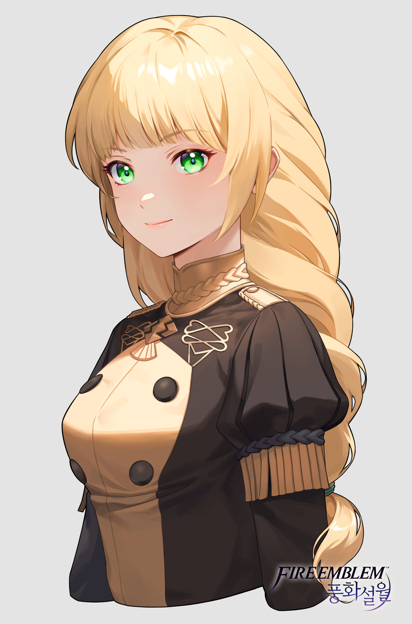 yuna lee, ingrid brandl galatea, fire emblem, fire emblem: three houses, nintendo, absurdres, commentary, english commentary, highres, 1girl, blonde hair, breasts, closed mouth, copyright logo, copyright name, cropped torso, garreg mach monastery uniform, green eyes, grey background, korean text, long hair, long sleeves, puffy long sleeves, puffy sleeves, simple background, smile, solo, upper body