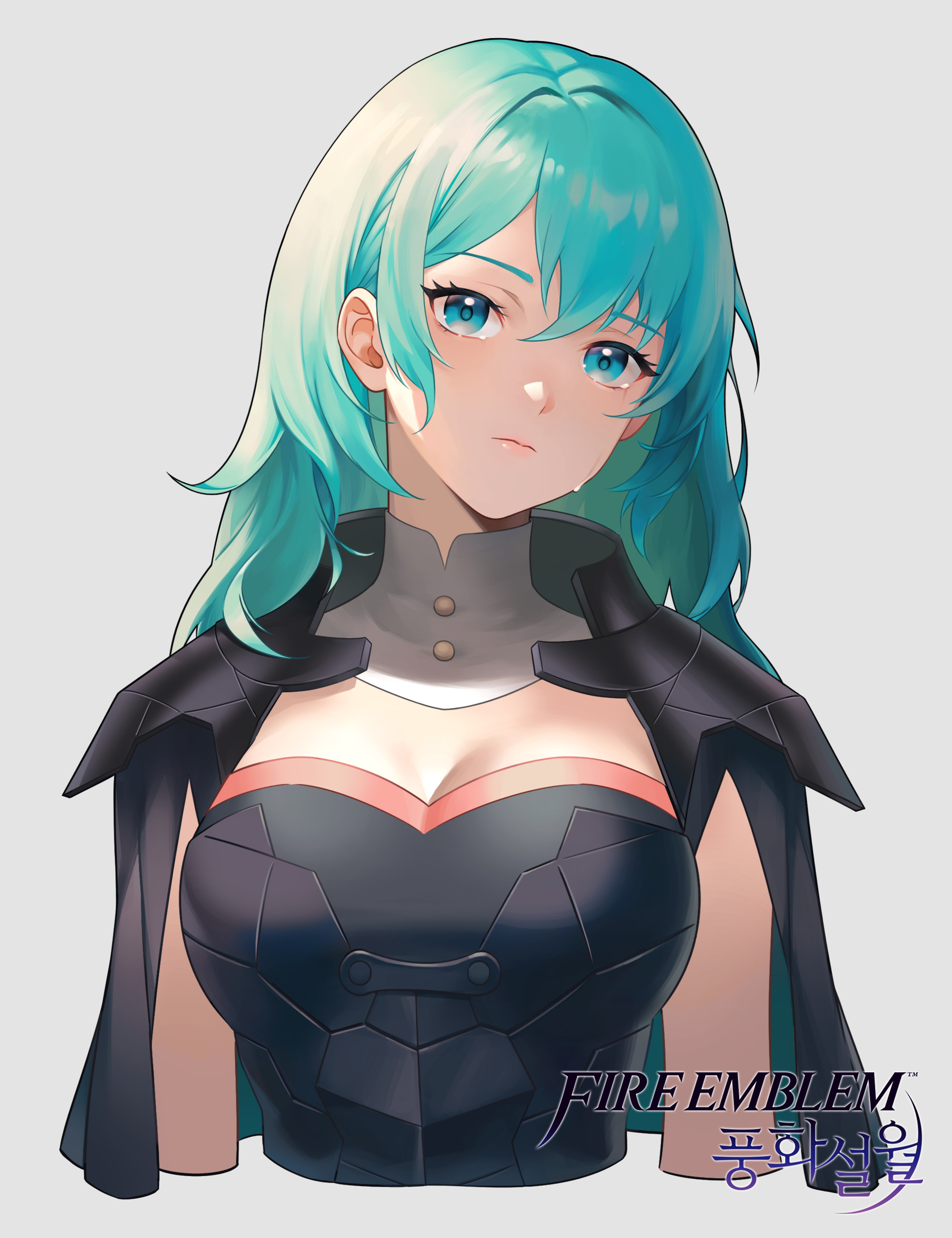 yuna lee, female byleth (enlightened) (fire emblem), female byleth (fire emblem), fire emblem, fire emblem: three houses, nintendo, absurdres, commentary, english commentary, highres, korean commentary, 1girl, armor, black armor, black cape, breasts, cape, cleavage, closed mouth, copyright logo, copyright name, cropped torso, expressionless, green eyes, green hair, long hair, upper body