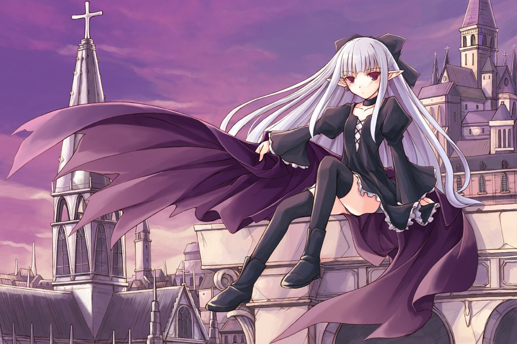 kotonemaru, original, 1girl, black boots, boots, cape, church, female focus, outdoors, pointy ears, purple sky, rooftop, sky, solo, thighhighs, zettai ryouiki