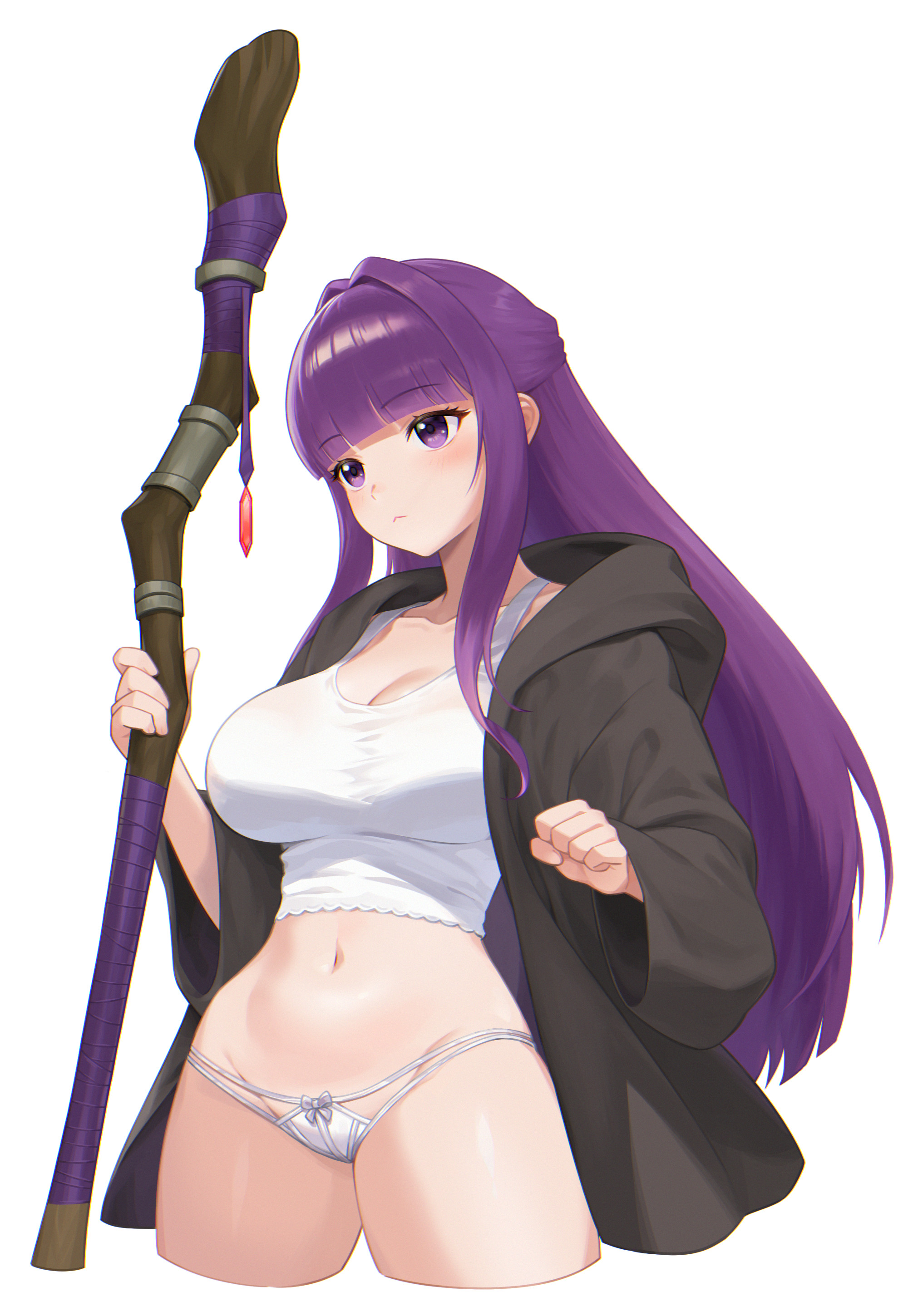 yuna lee, fern (sousou no frieren), sousou no frieren, absurdres, commentary, english commentary, highres, 1girl, black coat, blunt bangs, bow, bow panties, breasts, clenched hand, coat, cropped legs, holding, holding staff, hood, hooded coat, large breasts, long hair, long sleeves, mage staff, navel, no pants, open clothes, open coat, panties, purple eyes, purple hair, simple background, solo, staff, stomach, tank top, thighs, underwear, white background, white panties, white tank top