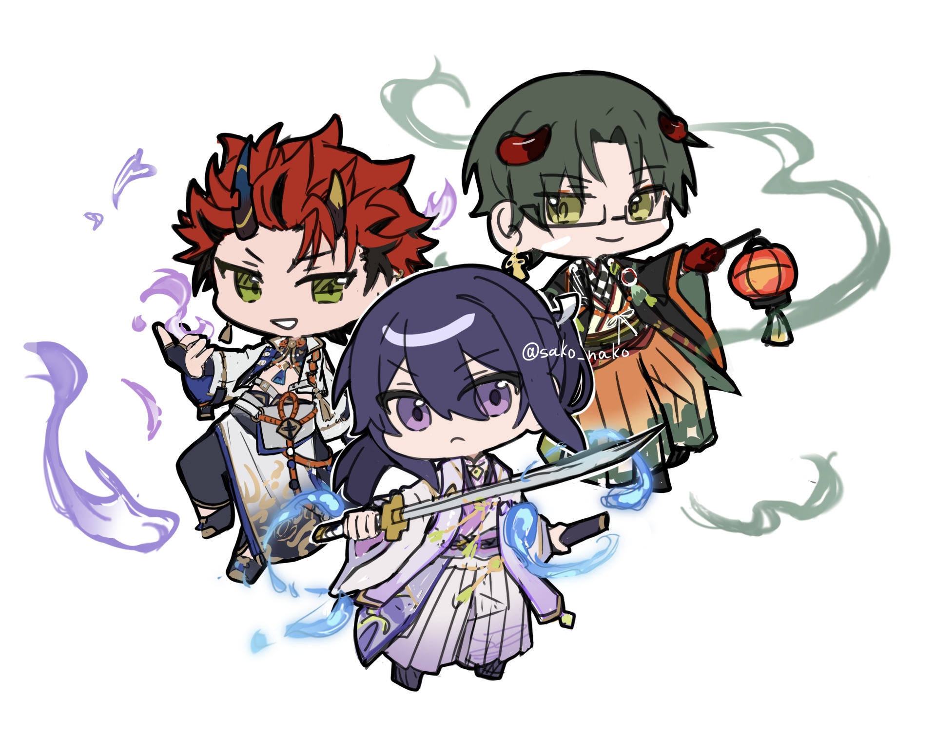 sako nako, akatsuki (ensemble stars!), hasumi keito, kanzaki souma, kiryu kuro, ensemble stars!, highres, 3boys, :<, :d, asymmetrical horns, black boots, black gloves, black hair, black haori, black pants, boots, checkered clothes, checkered kimono, chibi, chibi only, closed mouth, collared jacket, curled horns, demon horns, double-parted bangs, earrings, eyeshadow, facial mark, floating hair, full body, glasses, gloves, green eyes, green hair, hair between eyes, hair slicked back, hakama, hakama pants, hand up, haori, hitodama, holding, holding sheath, holding sword, holding weapon, horns, jacket, japanese clothes, jewelry, katana, kimono, lantern, long hair, looking at viewer, magic, makeup, male focus, marking on cheek, mismatched horns, motoyui, multicolored hair, multiple boys, official alternate costume, oni, open mouth, orange hakama, pants, paper lantern, parted bangs, ponytail, purple eyes, purple hair, purple hakama, rectangular eyewear, red eyeshadow, red gloves, red hair, sheath, short hair, sidelocks, simple background, single hair intake, smile, spiked hair, spiked horns, standing, stole, streaked hair, sword, tassel, tassel earrings, twitter username, v-shaped eyebrows, weapon, white background, white hakama, white jacket, white kimono, wide sleeves
