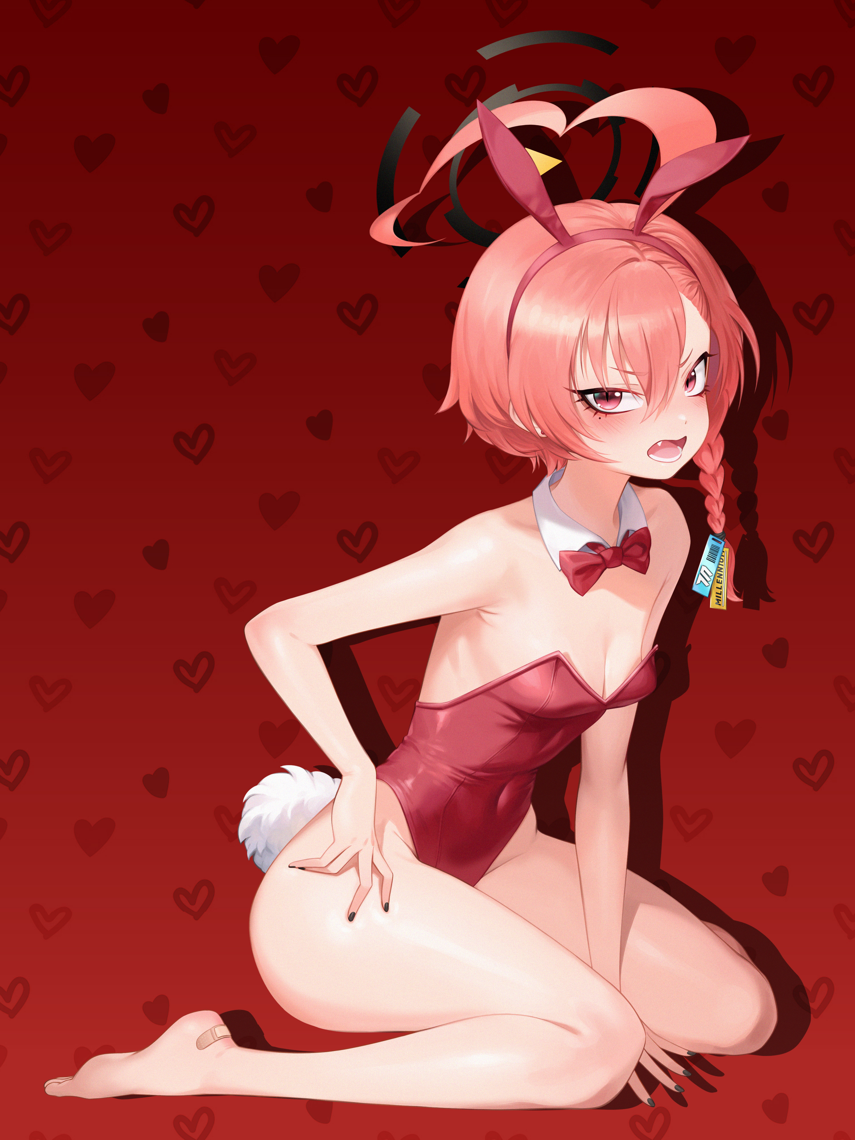 yuna lee, neru (blue archive), neru (bunny) (blue archive), blue archive, absurdres, commentary, highres, 1girl, animal ears, barefoot, black halo, bow, bowtie, braid, breasts, cleavage, covered navel, detached collar, fake animal ears, halo, heart, heart background, leotard, looking at viewer, mole, mole under eye, official alternate costume, playboy bunny, rabbit ears, red background, red bow, red bowtie, red eyes, red leotard, small breasts, solo, strapless, strapless leotard, thighs