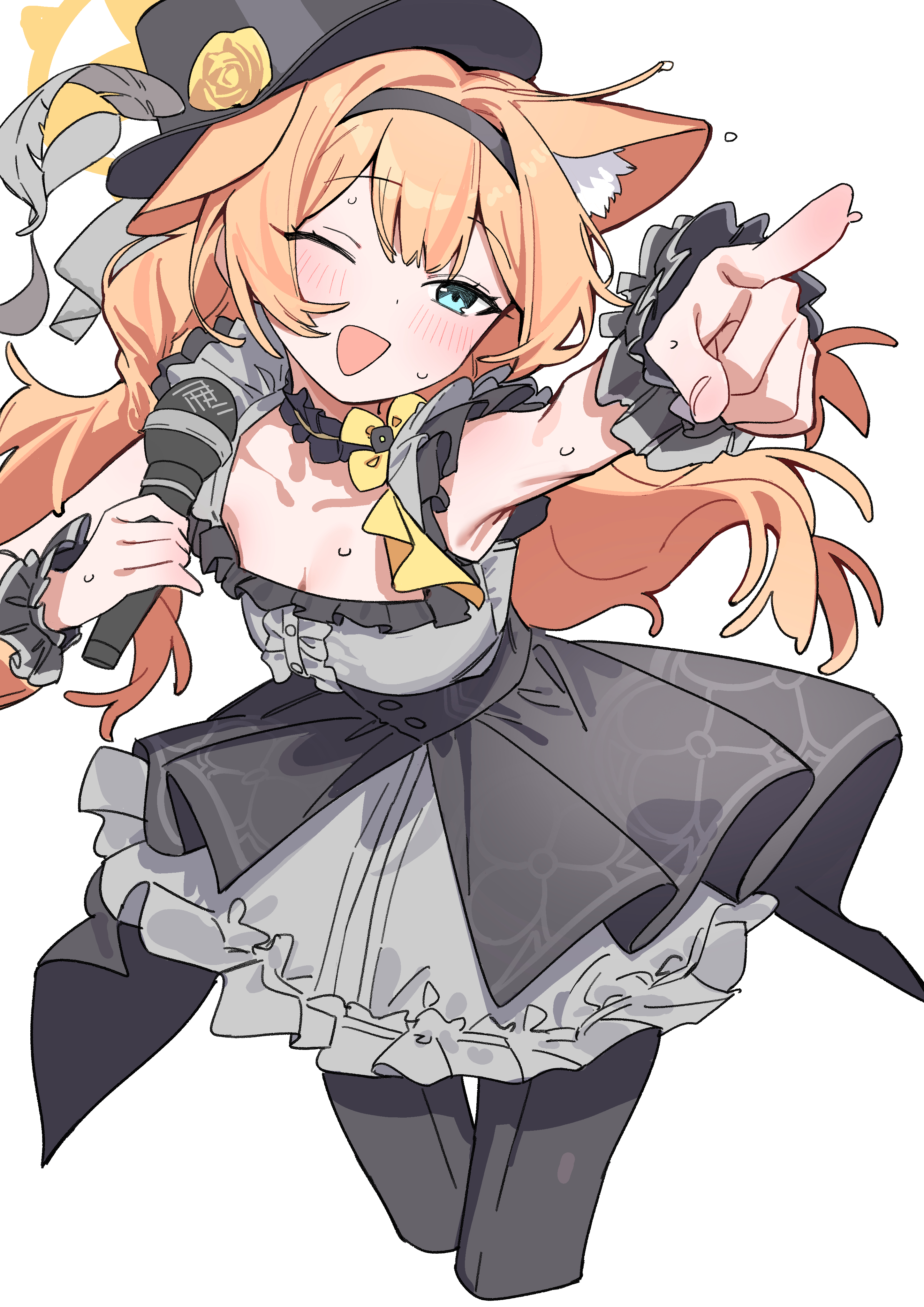 haruyuki (gffewuoutgblubh), mari (blue archive), mari (idol) (blue archive), blue archive, absurdres, highres, 1girl, alternate costume, animal ear fluff, animal ears, black dress, black hairband, black hat, black pantyhose, blue eyes, blush, breasts, cleavage, collarbone, dress, flower, fox ears, frills, grey dress, hairband, halo, hat, hat flower, holding, holding microphone, long hair, looking at viewer, microphone, one eye closed, open mouth, orange hair, pantyhose, pointing, pointing at viewer, simple background, smile, solo, sweat, top hat, white background, wrist cuffs, yellow halo