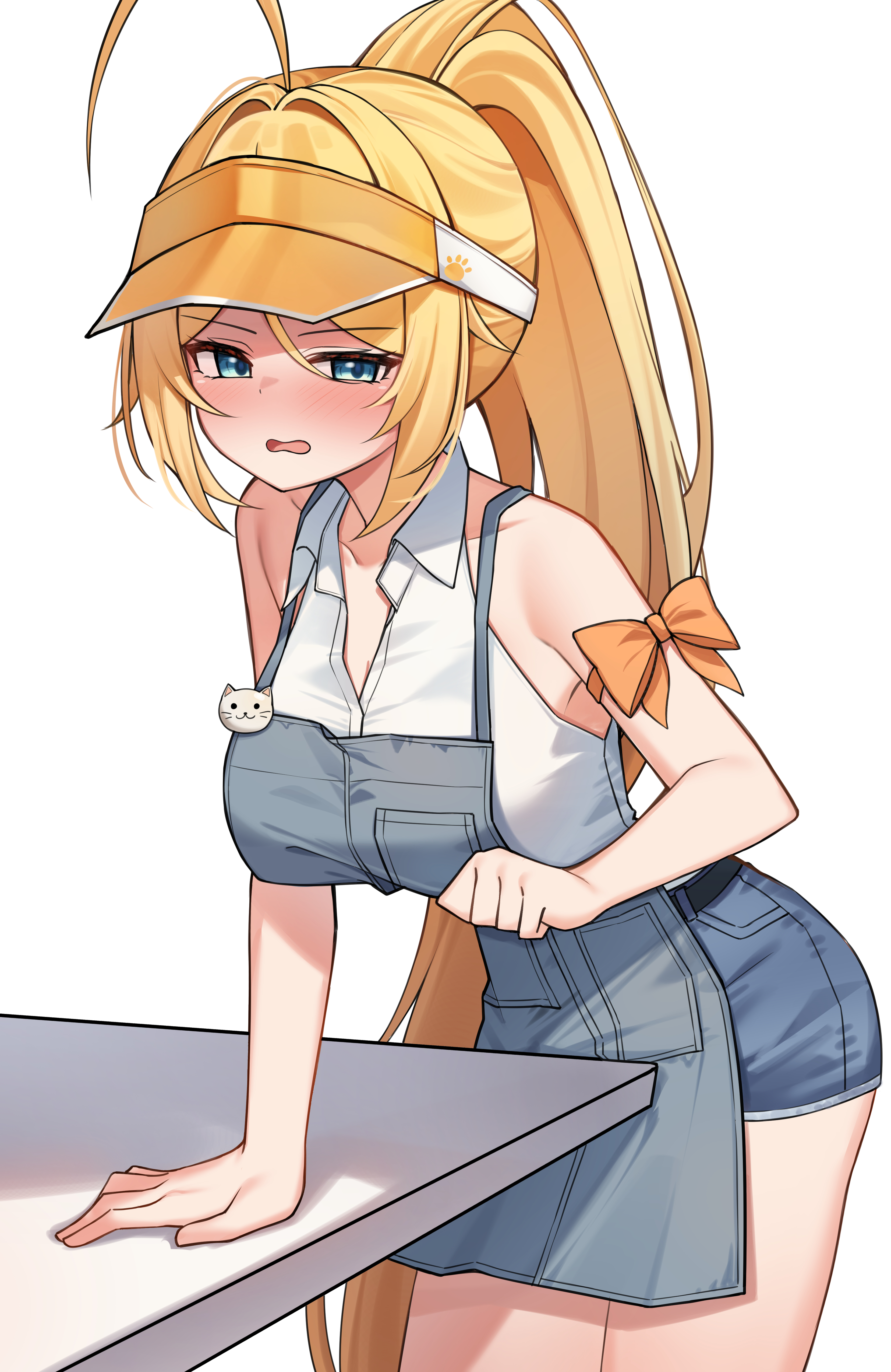 ziro (zirorong), nicky blake, black survival, eternal return: black survival, absurdres, highres, korean commentary, mixed-language commentary, 1girl, ahoge, alternate costume, apron, arm bow, bare shoulders, blonde hair, blue eyes, blue shorts, blush, breasts, collared shirt, cowboy shot, denim, denim shorts, grey apron, high ponytail, leaning forward, long hair, looking at viewer, medium breasts, open mouth, ponytail, shirt, short shorts, shorts, simple background, sleeveless, sleeveless shirt, solo, table, very long hair, visor cap, white background, white shirt