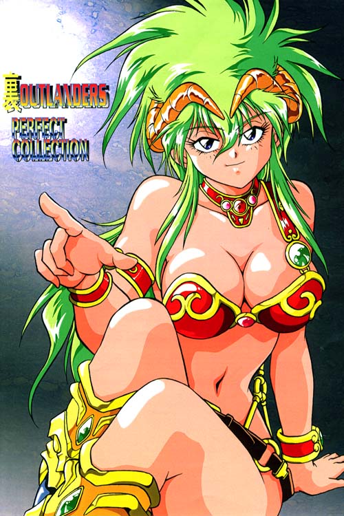 manabe jouji, kahm, outlanders, armor, bikini armor, green hair, horns, solo