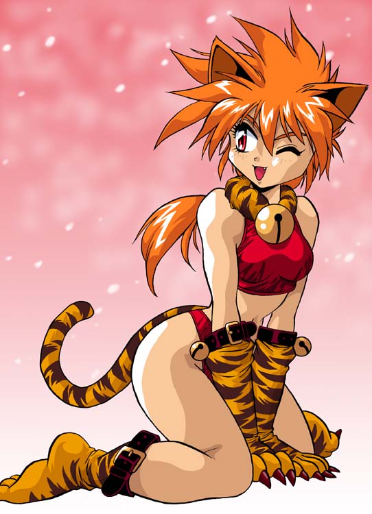 manabe jouji, 1girl, animal costume, animal ears, animal hands, animal print, bell, cat ears, cat tail, costume, female focus, solo, tail, tiger costume, tiger print