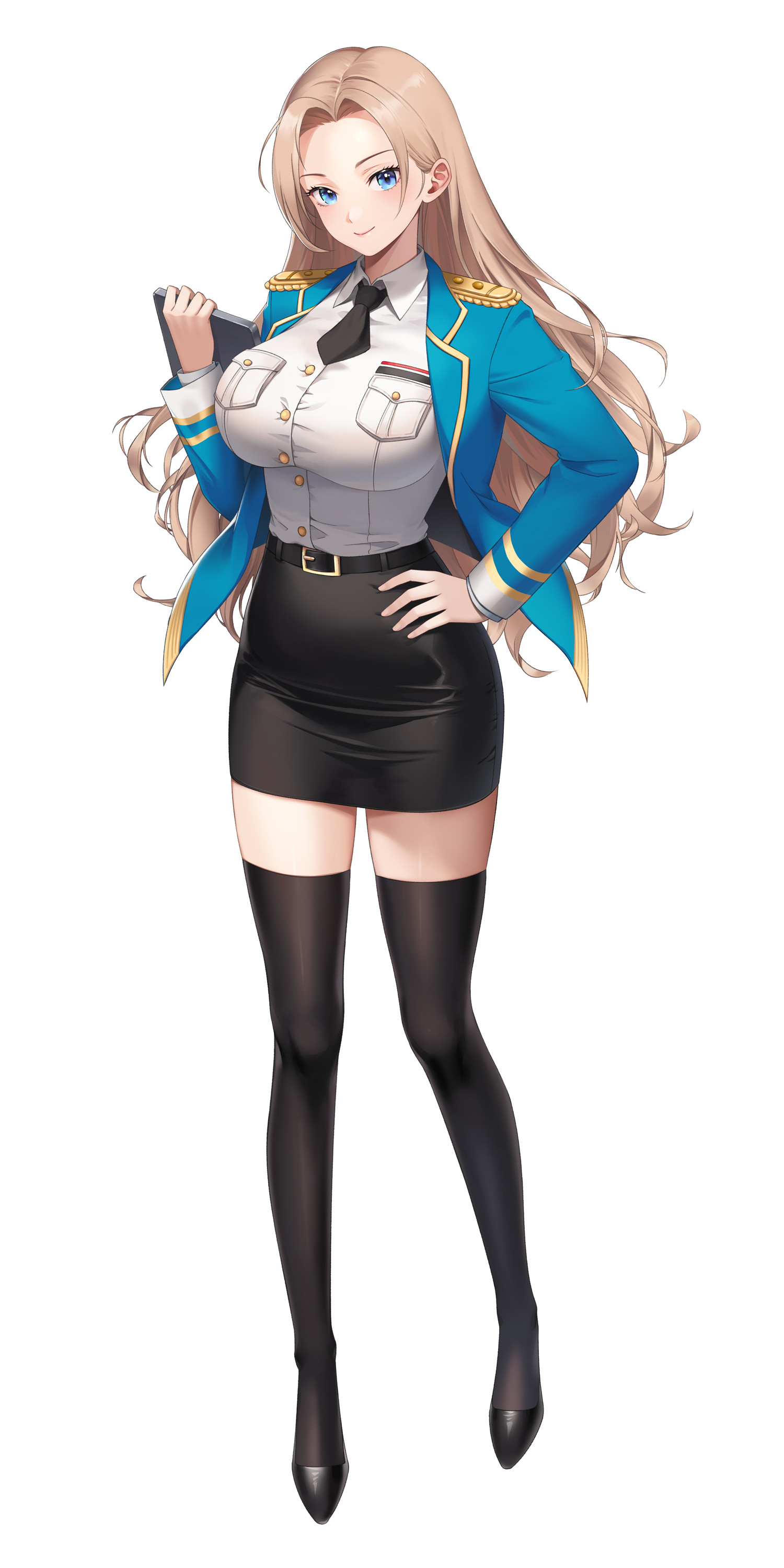 yuna lee, absurdres, character request, commentary, copyright request, english commentary, highres, 1girl, belt, black belt, black necktie, black shoes, black skirt, black thighhighs, blonde hair, blue eyes, blue jacket, breasts, collared shirt, full body, hand on own hip, holding, holding tablet pc, jacket, large breasts, long hair, looking at viewer, necktie, pencil skirt, shirt, shoes, simple background, skirt, solo, standing, tablet pc, thighhighs, white background, white shirt