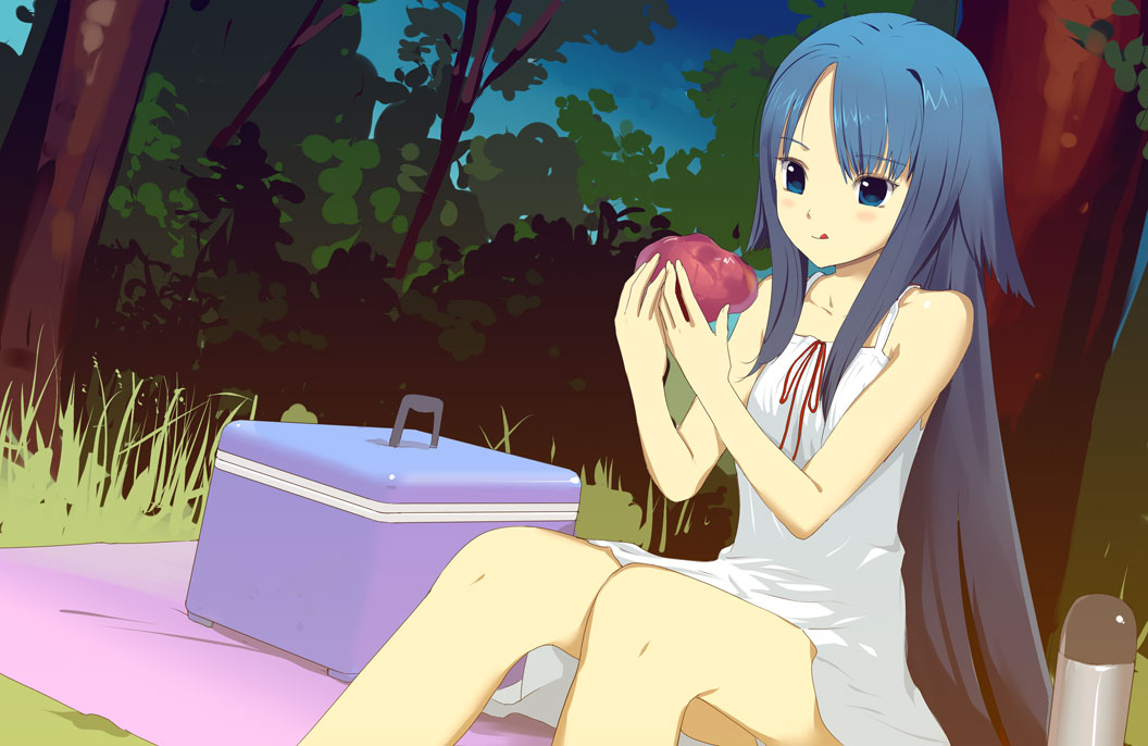 saya (saya no uta), saya no uta, 1girl, :q, blue eyes, blue hair, collarbone, dress, female focus, food, forest, grass, heart (organ), long hair, lunchbox, nature, outdoors, picnic, sky, solo, sundress, tongue, tongue out, tree, very long hair