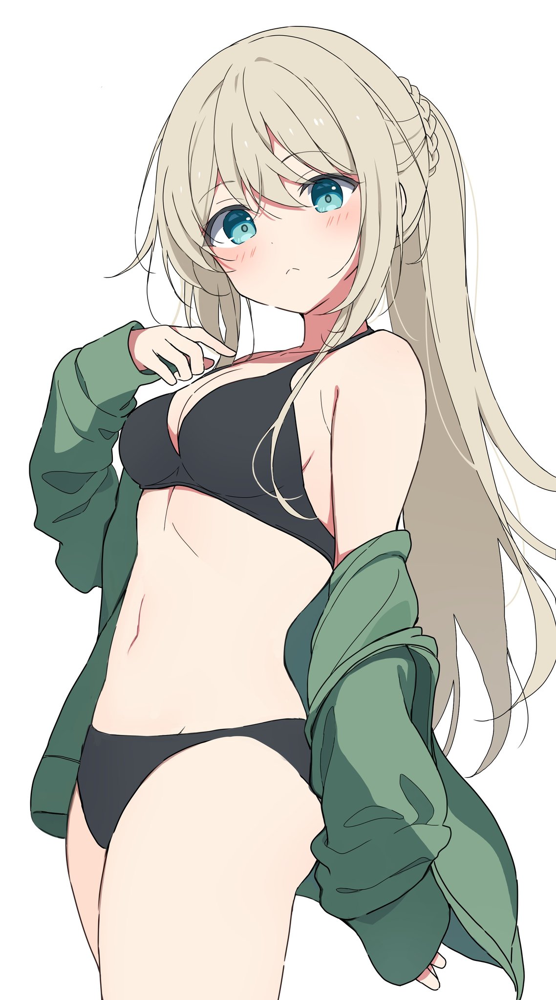 mochigome (ununquadium), copyright request, highres, 1girl, aqua eyes, bikini, black bikini, blonde hair, blue eyes, blush, braid, breasts, cleavage, closed mouth, cowboy shot, green jacket, hair between eyes, jacket, long hair, long sleeves, looking at viewer, medium breasts, navel, off shoulder, open clothes, open jacket, ponytail, simple background, solo, stomach, swimsuit, white background