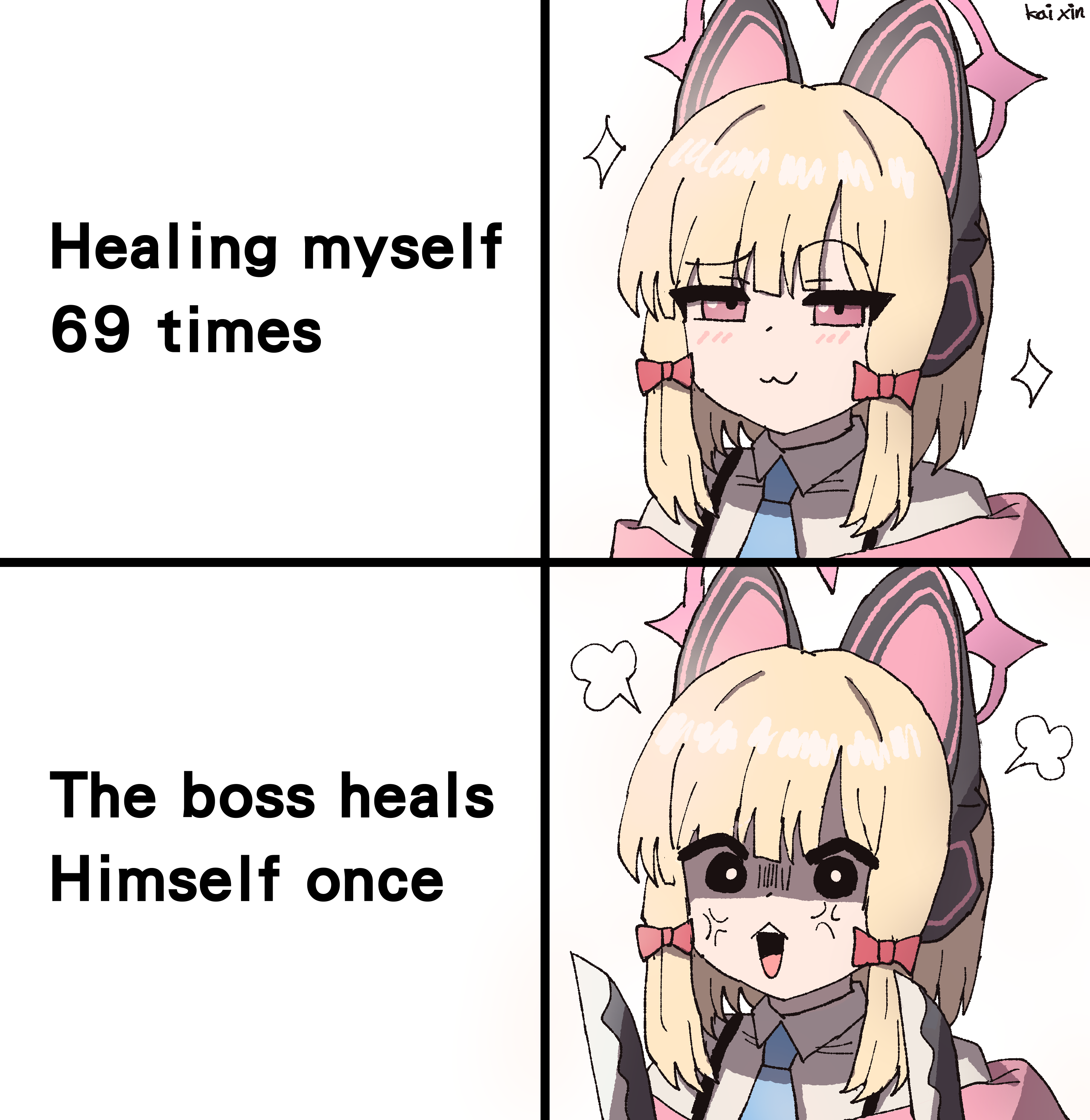 kai xin, momoi (blue archive), blue archive, absurdres, highres, 1girl, anger vein, animal ear headphones, animal ears, blonde hair, bow, cat ear headphones, comparison, death momoi (meme), english text, fake animal ears, hair bow, halo, headphones, knife, meme, pink bow, pink eyes, pink halo, short hair, smug, truth