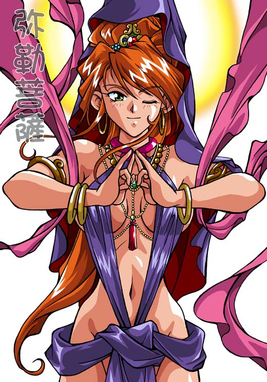 manabe jouji, armband, bracelet, jewelry, necklace, orange hair, ribbon, solo, veil