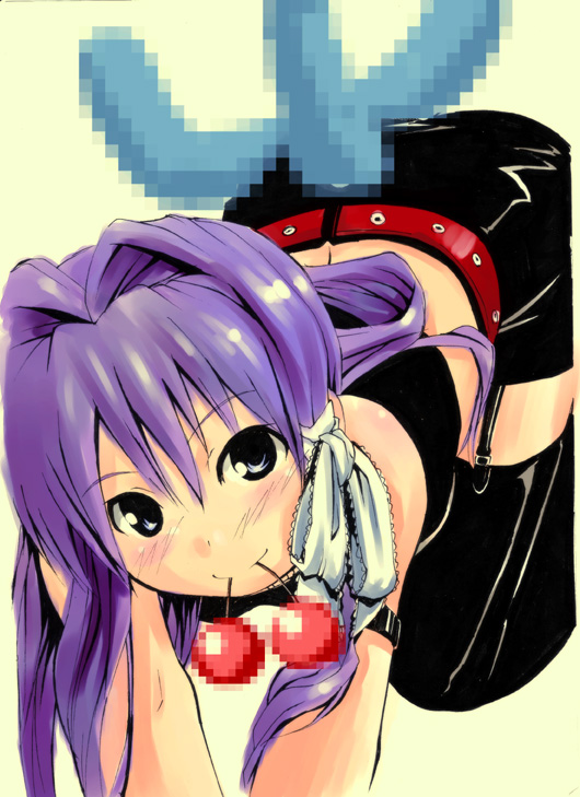 futari no ana, fujibayashi kyou, clannad, 00s, 1girl, all fours, censored, cherry, fake censor, female focus, food, fruit, garter straps, looking at viewer, mosaic censoring, mouth hold, purple hair, simple background, smile, solo, tail, thighhighs, zettai ryouiki