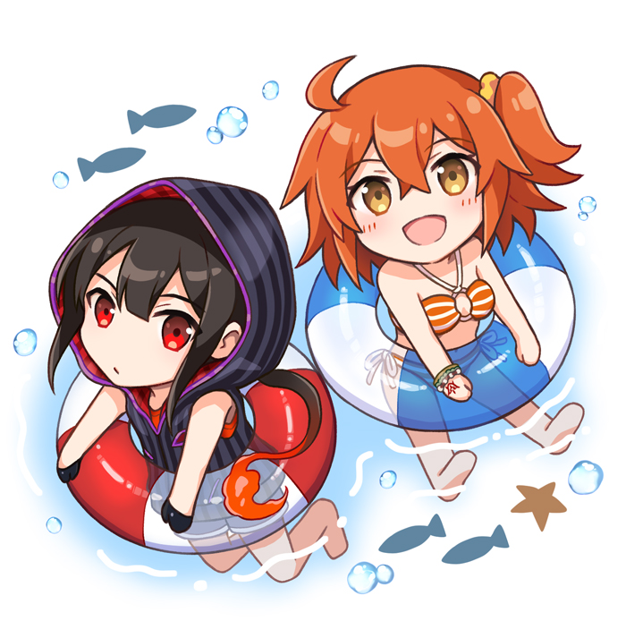 t kattu, fujimaru ritsuka (female), oda nobukatsu (fate), fate/grand order, fate (series), 1boy, 1girl, :d, ahoge, bare legs, barefoot, bikini, black gloves, black hair, black hoodie, black shorts, blush, bracelet, bubble, center-flap bangs, chibi, chibi only, closed mouth, crossed bangs, fiery hair, fish, from above, frown, gloves, hood, hood up, hoodie, jewelry, long hair, looking at viewer, looking up, low ponytail, medium hair, multiple bracelets, navel, o-ring, o-ring bikini, official alternate costume, one side up, open mouth, orange bikini, orange hair, partially submerged, ponytail, red eyes, red tank top, ripples, scrunchie, shorts, side-tie bikini bottom, sidelocks, sleeveless, sleeveless hoodie, smile, starfish, striped bikini, striped clothes, summer, swim ring, swimsuit, tank top, very long hair, water, white background, white bikini, yellow eyes, yellow scrunchie