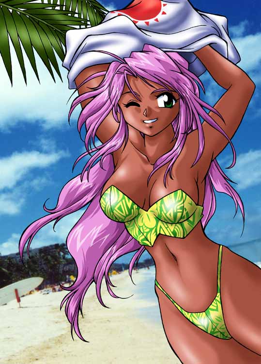 manabe jouji, original, 1girl, armpits, arms up, beach, bikini, breasts, cleavage, cloud, dark-skinned female, dark skin, day, dutch angle, female focus, green bikini, green eyes, grin, highleg, highleg bikini, large breasts, long hair, looking at viewer, medium breasts, midriff, navel, one eye closed, outdoors, palm tree, purple hair, sky, smile, solo, standing, strapless, strapless bikini, swimsuit, tree, undressing, very long hair, wink