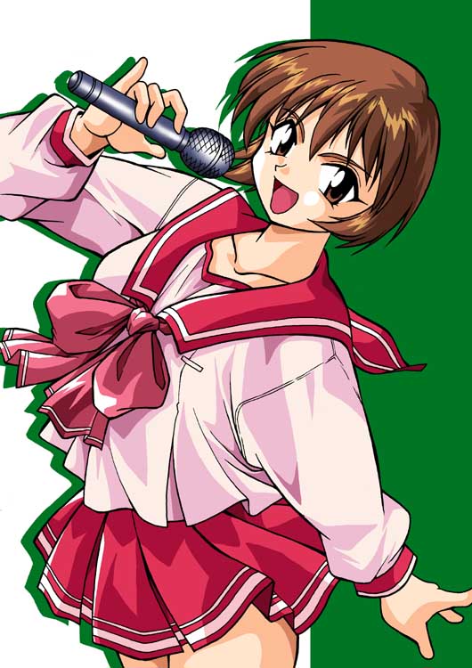 manabe jouji, nagaoka shiho, to heart, to heart (series), 1girl, :d, brown eyes, brown hair, collarbone, female focus, long sleeves, microphone, music, open mouth, pleated skirt, red skirt, sailor collar, school uniform, serafuku, shirt, simple background, singing, skirt, smile, solo, two-tone background, white shirt