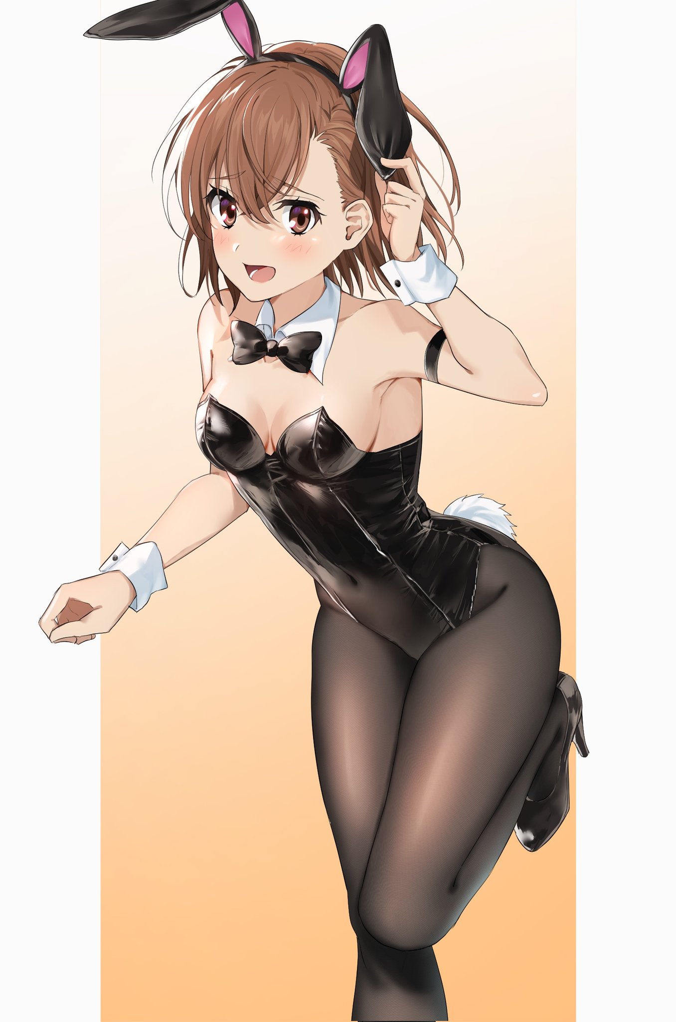 ci31205, misaka mikoto, toaru kagaku no railgun, toaru majutsu no index, commentary, highres, 1girl, :d, alternate costume, animal ear hairband, animal ears, arm strap, bare shoulders, black bow, black bowtie, black leotard, black pantyhose, bow, bowtie, breasts, brown eyes, brown hair, covered navel, detached collar, fake animal ears, fake tail, hairband, highleg, highleg leotard, leotard, looking at viewer, open mouth, pantyhose, playboy bunny, rabbit ear hairband, rabbit ears, rabbit tail, short hair, simple background, small breasts, smile, solo, strapless, strapless leotard, tail, traditional bowtie, white wrist cuffs, wrist cuffs