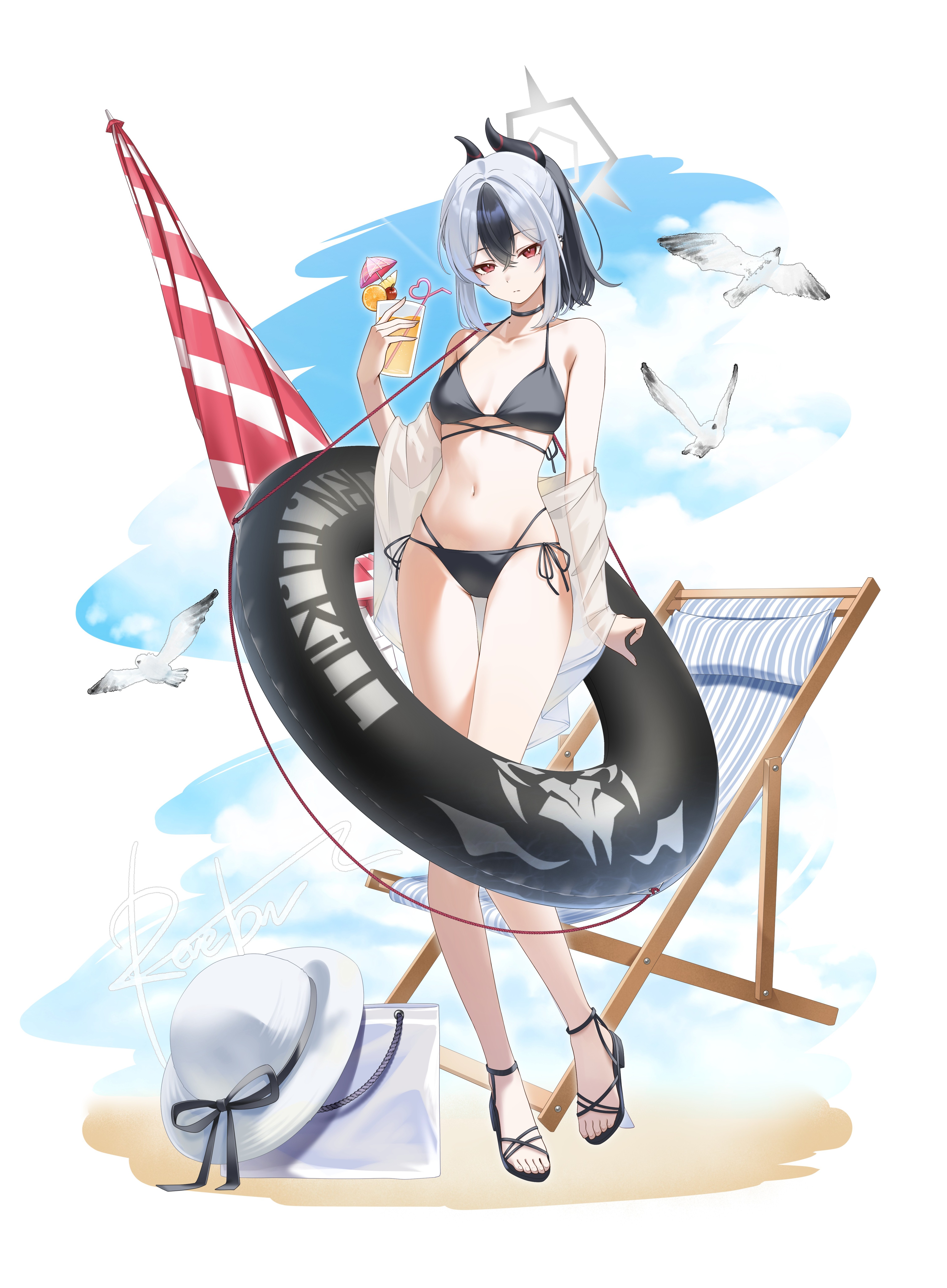 revebw, kayoko (blue archive), blue archive, absurdres, highres, 1girl, bare shoulders, beach, bikini, bird, black bikini, black choker, black hair, black horns, blush, breasts, choker, closed mouth, demon horns, full body, grey halo, hair between eyes, halo, halterneck, horns, innertube, long hair, looking at viewer, multicolored hair, navel, outdoors, ponytail, red eyes, sandals, seagull, side-tie bikini bottom, simple background, small breasts, solo, standing, stomach, string bikini, swim ring, swimsuit, two-tone hair, white hair