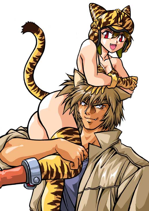 manabe jouji, 1boy, 1girl, animal ears, animal print, cat ears, cat tail, gloves, helmet, red eyes, tail, tiger print, tiger tail