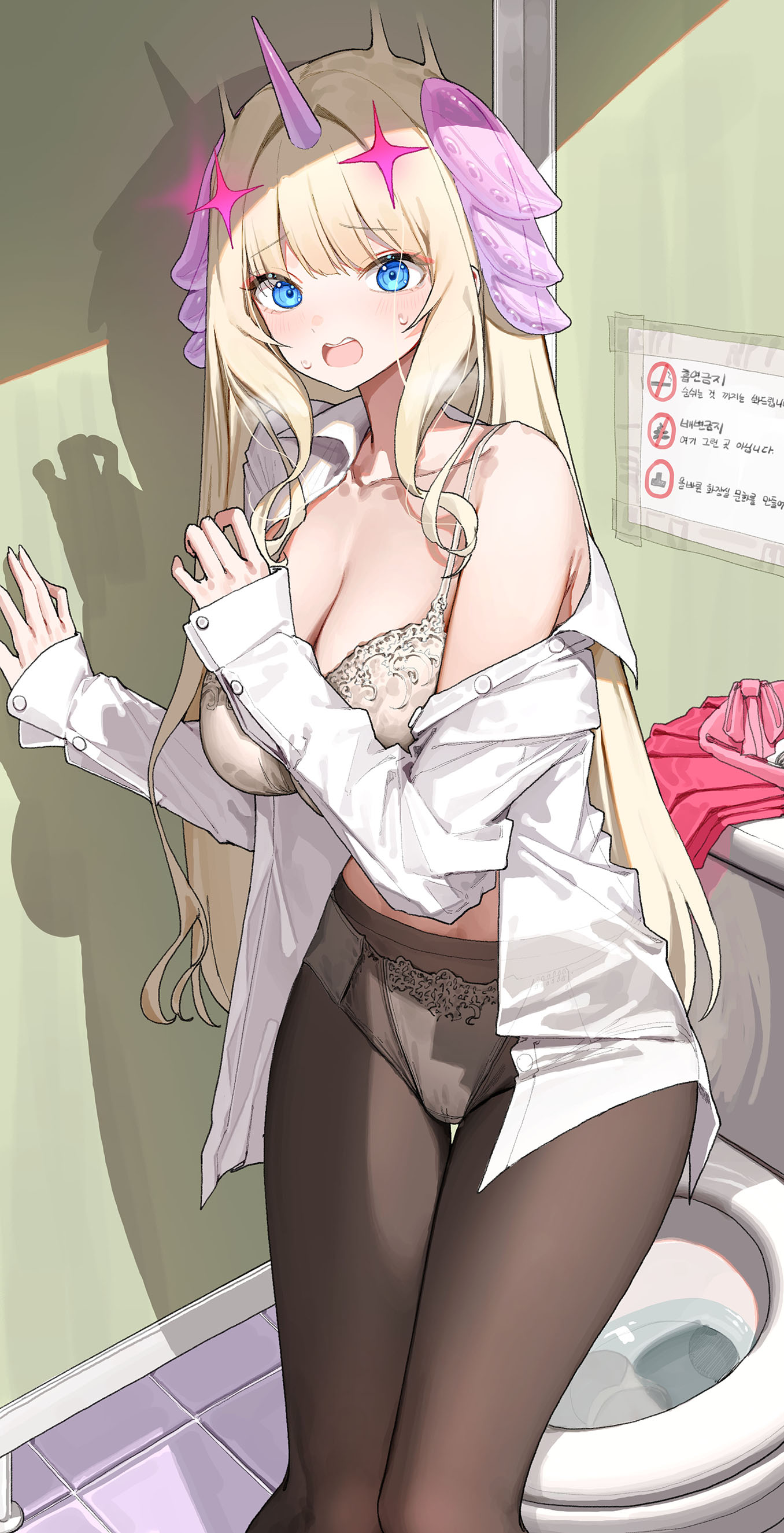 dduck kong, original, absurdres, highres, 1girl, black pantyhose, blonde hair, blue eyes, bra, breasts, breath, cleavage, collared shirt, horns, large breasts, long hair, magical girl, open clothes, open mouth, open shirt, panties, panties under pantyhose, pantyhose, public restroom, shirt, single horn, solo, sweatdrop, toilet, underwear, white bra, white panties, white shirt