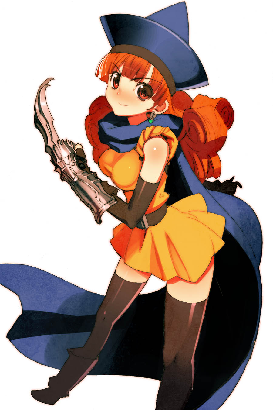 sanbasou, alena (dq4), chunsoft, dragon quest, dragon quest iv, enix, highres, 1girl, alternate legwear, black thighhighs, blush, boots, cape, claws, dress, elbow gloves, female focus, gloves, hat, long hair, red hair, skirt, solo, thighhighs, yellow skirt, zettai ryouiki