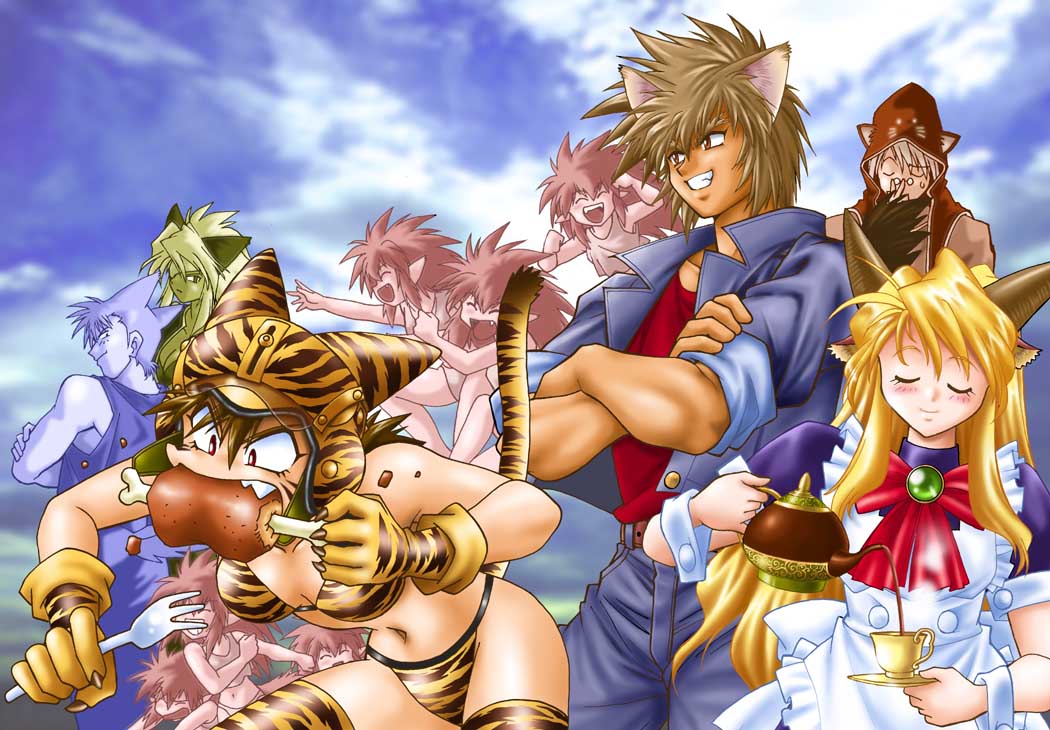 manabe jouji, 3boys, 6+girls, animal costume, animal ears, animal hands, animal print, bikini, cat ears, cat tail, eating, gloves, helmet, multiple boys, multiple girls, paw gloves, swimsuit, tail, tiger, tiger costume, tiger print