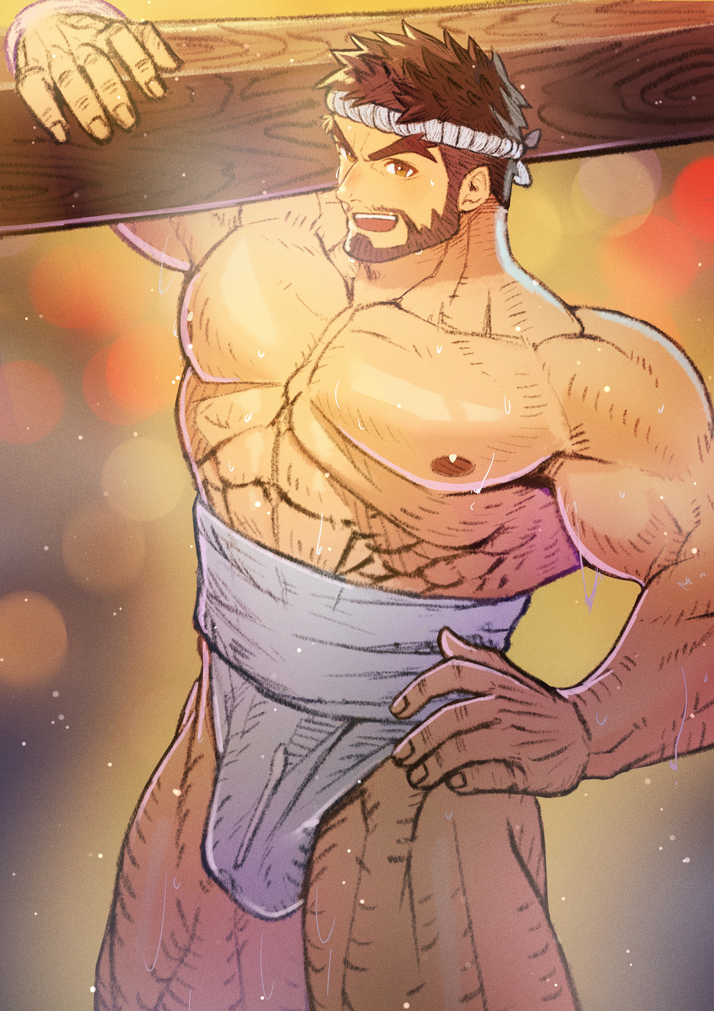 toshun (momotoshi), ryu (street fighter), street fighter, absurdres, commentary request, highres, 1boy, :d, abs, bara, beard, biceps, bloom, brown eyes, brown hair, carrying over shoulder, cowboy shot, facial hair, fundoshi, japanese clothes, looking at viewer, male focus, muscular, muscular male, nipples, open mouth, smile, solo, spiked hair, teeth, thick eyebrows, topless male, upper teeth only, wet