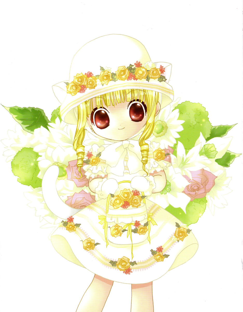 koge donbo, uematsu koboshi, pita ten, highres, scan, 1girl, animal ears, bag, blonde hair, blunt bangs, cat ears, chin strap, dress, drill hair, female focus, floral background, flower, gloves, hat, red eyes, rose, simple background, smile, solo, white background