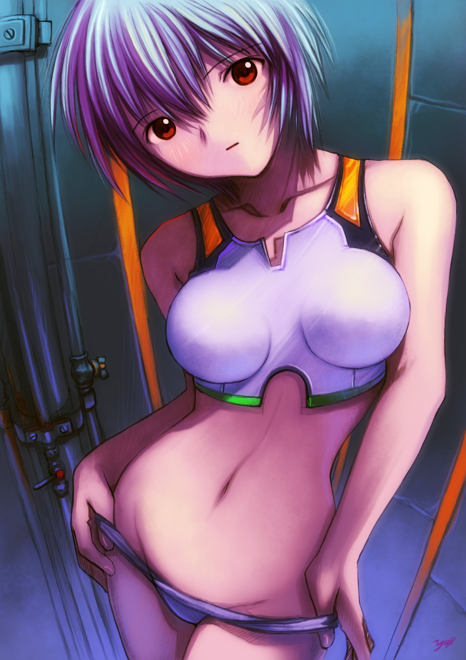 kobayashi yuji, ayanami rei, neon genesis evangelion, highres, tagme, 1girl, blue hair, breasts, looking at viewer, midriff, navel, panties, panty pull, pulling own clothes, red eyes, underwear