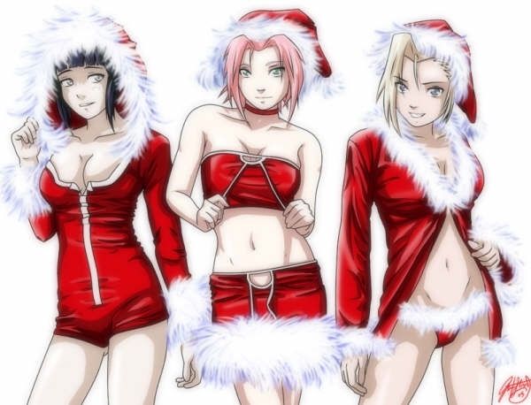 jon kneeland, haruno sakura, hyuuga hinata, yamanaka ino, naruto, 3girls, breasts, christmas, cleavage, midriff, multiple girls