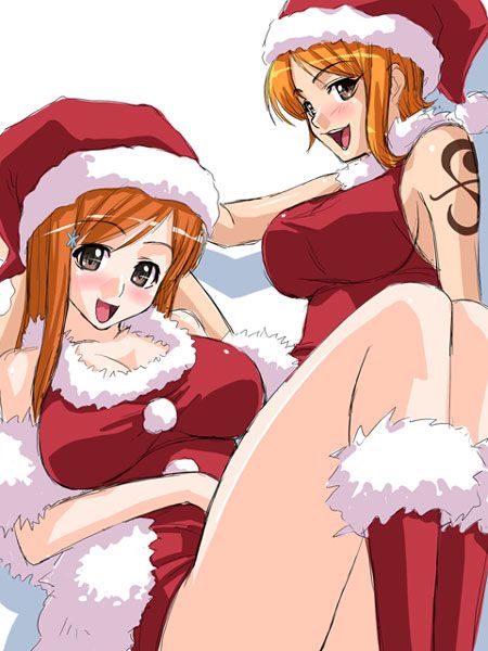 kagami hirotaka, inoue orihime, nami (one piece), bleach, one piece, 00s, 2girls, bare shoulders, breasts, christmas, crossover, female focus, hat, large breasts, long hair, multiple girls, orange hair, santa hat, tattoo