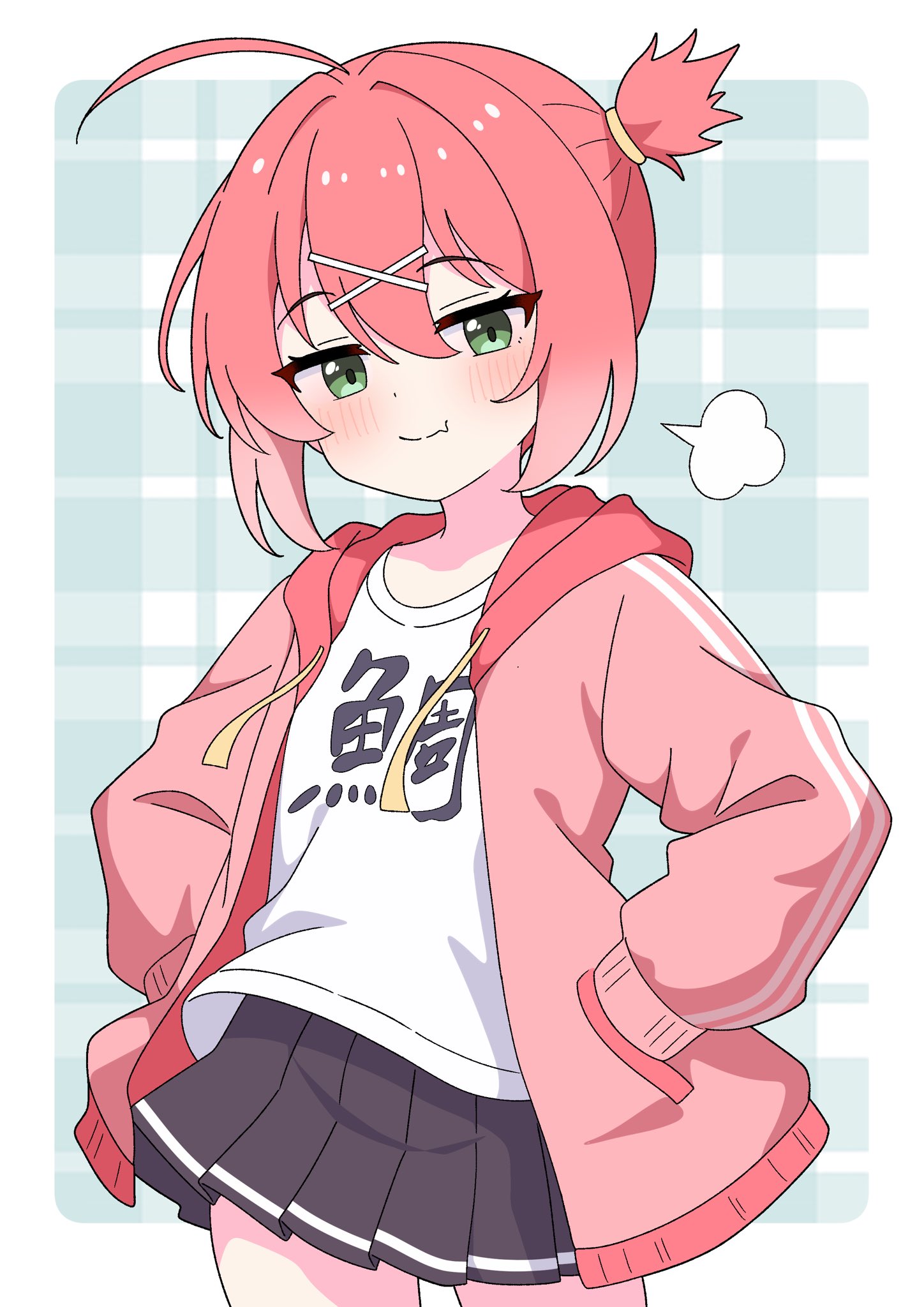 yuu-kun (inugamikenoy), original, highres, 1girl, ahoge, black skirt, blue background, blush, closed mouth, clothes writing, cowboy shot, double-parted bangs, drawstring, fang, fang out, green eyes, hair between eyes, hair ornament, hands in pockets, hood, hood down, hooded jacket, hoodie, jacket, long sleeves, looking at viewer, miniskirt, one side up, open clothes, open jacket, pink hair, pink hoodie, pink jacket, plaid background, pleated skirt, puff of air, puffy long sleeves, puffy sleeves, red hair, shirt, short hair, skin fang, skirt, smile, smug, solo, white shirt, x hair ornament