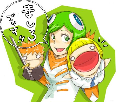 hirako shinji, kuna mashiro, kurosaki ichigo, bleach, artist request, jpeg artifacts, lowres, translation request, 00s, 1girl, character doll, doll, female focus, green eyes, green hair, hand puppet, matching hair/eyes, puppet, solo, text focus