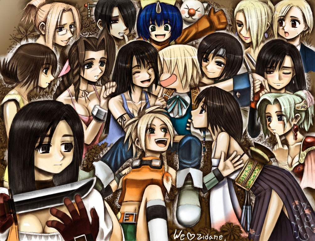 aerith gainsborough, celes chere, eiko carol, elena (ff7), garnet til alexandros xvii, lulu (ff10), mog, quistis trepe, rikku (ff10), rinoa heartilly, selphie tilmitt, tifa lockhart, tina branford, yuffie kisaragi, yuna, zidane tribal, final fantasy, final fantasy ix, final fantasy vi, final fantasy vii, final fantasy viii, final fantasy x, 00s, 1990s (style), 1boy, 6+girls, child, everyone, harem, jealous, multiple girls, pimp, yandere