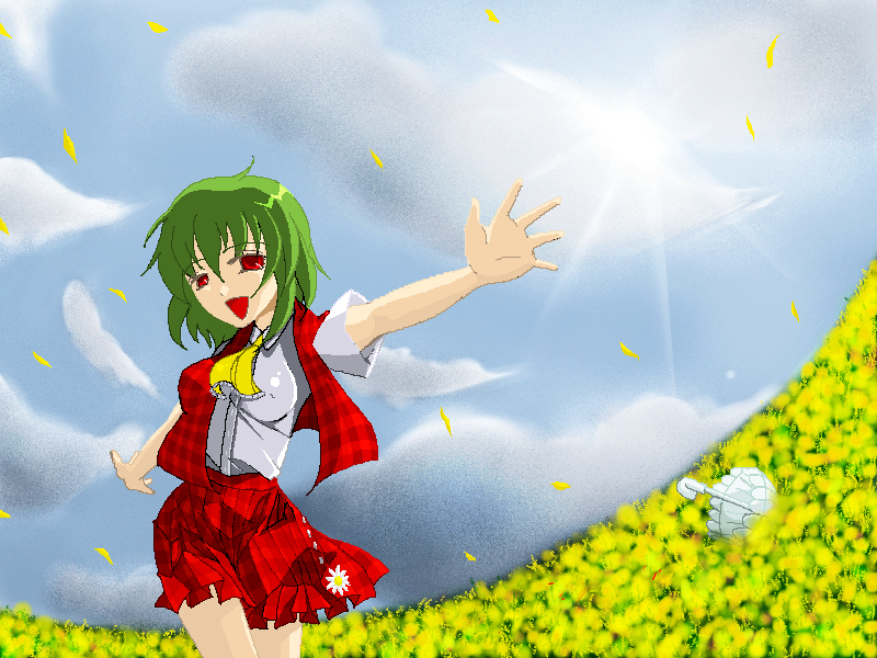 kazami yuuka, touhou, 1girl, breasts, day, female focus, flower, from below, nature, outdoors, plant, skirt, sky, solo, umbrella