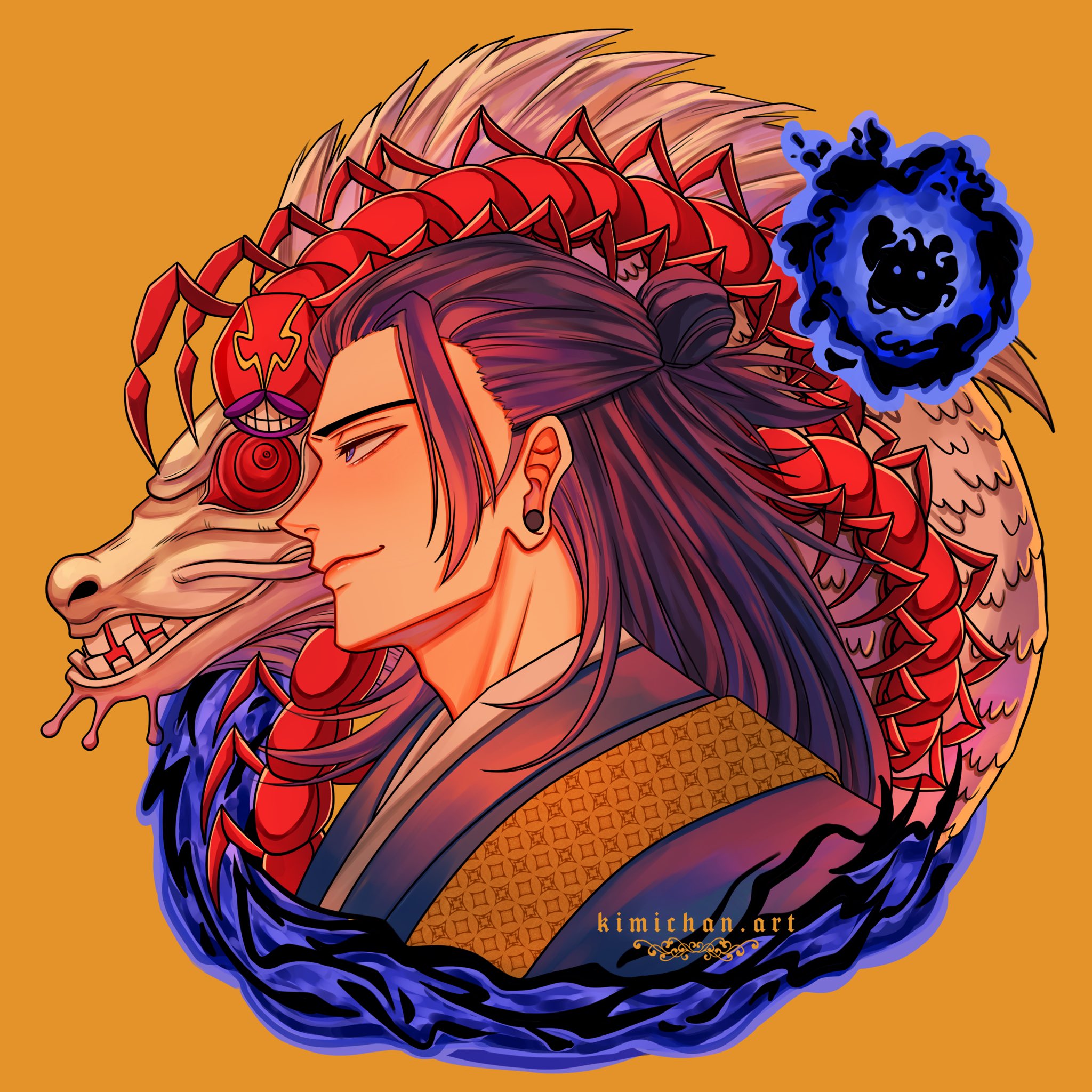 kimichan, getou suguru, jujutsu kaisen, highres, 1boy, adam's apple, aegyo sal, black hair, black jacket, black kimono, bright pupils, closed mouth, hair bun, hair pulled back, jacket, japanese clothes, kesa, kimono, light smile, long hair, looking to the side, male focus, nose, plug (piercing), profile, purple eyes, solo, white pupils