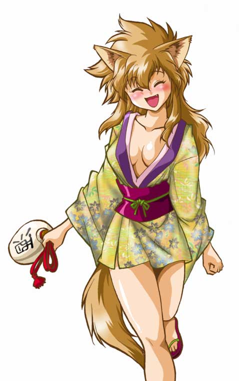 manabe jouji, ogin (manabe jouji), animal ears, blush, cat ears, fox ears, japanese clothes, kimono, short kimono, solo, tail